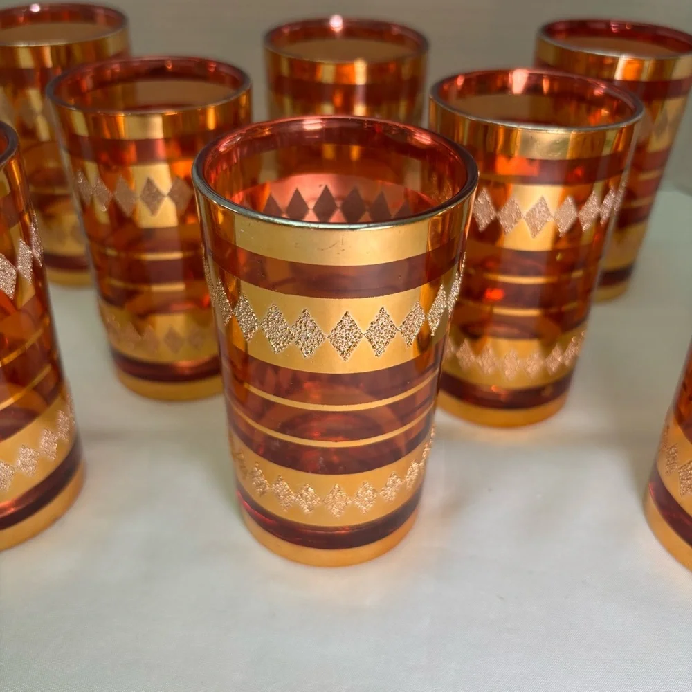 Vintage Amber Gold Geometric Trim Glass Tumblers - Set of 10 Mid-century